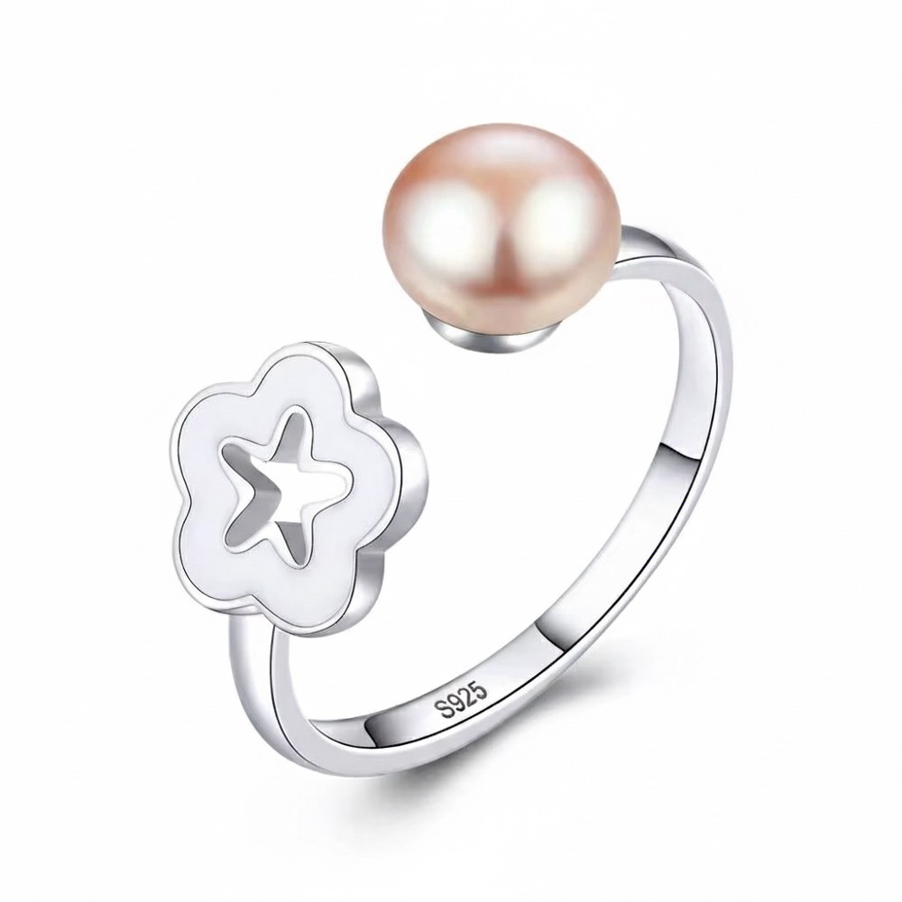 •High-End 925 Sterling Silver Plum Flower Seashell & Natural Pearl Open Ring